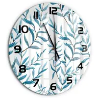 Tulup Wandklok - Bladeren Glazen Klok Met Print - fi60 cm - Blauw Wandklok Glas Met Motief - Zwarte handen - Ronde Klok - Wandklok Glas Decoratie - Gekleurde Glazen Klok