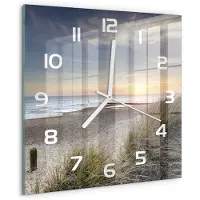 Tulup Wandklok - Zonsondergang en duinen Glazen Wandklok Design - 30x30 cm - Beige Klok Glas Met Opdruk - Witte handen - Vierkante Klok - Wandklok Glas Met Motief - Decoratieve Glazen Klok