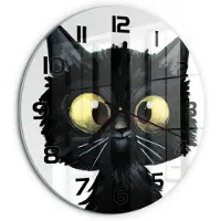 Tulup Wandklok - Kattenillustratie Glazen Wandklok Design - fi30 cm - zwart Klok Glas Met Opdruk - Zwarte handen - Ronde Klok - Wandklok Glas Met Motief - Decoratieve Glazen Klok