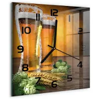 Tulup Wandklok - Twee glazen bier Decoratieve Glazen Klok - 30x30 cm - Oranje Glazen Wandklok Design - Zwarte handen - Vierkante Klok - Glazen Klok Met Print - Wandklok Glas Met Motief