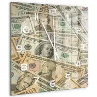 Tulup Wandklok - Dollarbankbiljetten Decoratieve Glazen Klok - 60x60 cm - Beige Glazen Wandklok Design - Witte handen - Vierkante Klok - Glazen Klok Met Print - Wandklok Glas Met Motief