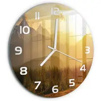 Tulup Wandklok - Bergen bij zonsondergang Klok Glas Met Opdruk - fi30 cm - Geel Moderne Wandklok Glas - Witte handen - Ronde Klok - Decoratieve Glazen Klok - Glazen Wandklok Design
