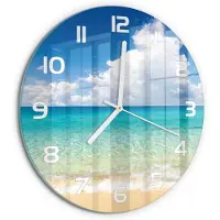 Tulup Wandklok - Paradijsstrand Wandklok Glas Met Motief - fi30 cm - Blauw Decoratieve Glazen Klok - Witte handen - Ronde Klok - Gekleurde Glazen Klok - Glazen Klok Met Print