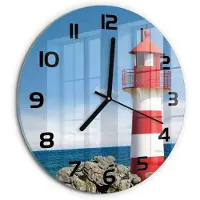 Tulup Wandklok - Vuurtoren Glazen Klok Met Print - fi30 cm - Rood Wandklok Glas Met Motief - Zwarte handen - Ronde Klok - Wandklok Glas Decoratie - Gekleurde Glazen Klok