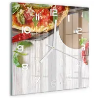 Tulup Wandklok - Pizza Glazen Klok Met Print - 30x30 cm - Rood Wandklok Glas Met Motief - Witte handen - Vierkante Klok - Wandklok Glas Decoratie - Gekleurde Glazen Klok