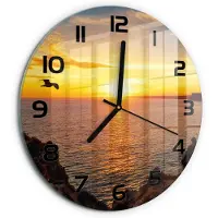 Tulup Wandklok - Zonsondergang Zee Wandklok Glas Met Motief - fi30 cm - Geel Decoratieve Glazen Klok - Zwarte handen - Ronde Klok - Gekleurde Glazen Klok - Glazen Klok Met Print