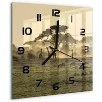 Tulup Wandklok - Giraffen in de savanne Klok Glas Met Opdruk - 30x30 cm - Beige Moderne Wandklok Glas - Zwarte handen - Vierkante Klok - Decoratieve Glazen Klok - Glazen Wandklok Design