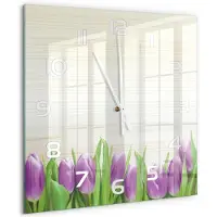 Tulup Wandklok - Paarse tulpen Wandklok Glas Decoratie - 60x60 cm - Paars Gekleurde Glazen Klok - Witte handen - Vierkante Klok - Klok Glas Met Opdruk - Moderne Wandklok Glas