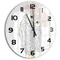 Tulup Wandklok - Uil in een krans Decoratieve Glazen Klok - fi60 cm - Roze Glazen Wandklok Design - Zwarte handen - Ronde Klok - Glazen Klok Met Print - Wandklok Glas Met Motief