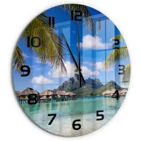 Tulup Wandklok - Palmbomen in Bora Bora Moderne Wandklok Glas - fi60 cm - Veelkleurig Wandklok Glas Decoratie - Zwarte handen - Ronde Klok - Glazen Wandklok Design - Klok Glas Met Opdruk