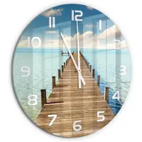 Tulup Wandklok - Houten brug Moderne Wandklok Glas - fi60 cm - Blauw Wandklok Glas Decoratie - Witte handen - Ronde Klok - Glazen Wandklok Design - Klok Glas Met Opdruk