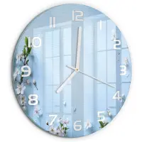 Tulup Wandklok - Achtergrond met kersenbloesem Gekleurde Glazen Klok - fi30 cm - Blauw Glazen Klok Met Print - Witte handen - Ronde Klok - Moderne Wandklok Glas - Wandklok Glas Decoratie
