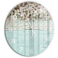 Tulup Wandklok - Kersenbloesem Wandklok Glas Decoratie - fi60 cm - Beige Gekleurde Glazen Klok - Witte handen - Ronde Klok - Klok Glas Met Opdruk - Moderne Wandklok Glas