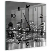 Tulup Wandklok - Manhattan, New York Moderne Wandklok Glas - 60x60 cm - Zwart-wit Wandklok Glas Decoratie - Zwarte handen - Vierkante Klok - Glazen Wandklok Design - Klok Glas Met Opdruk