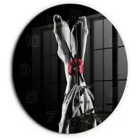 Tulup Wandklok - Roos en voeten Klok Glas Met Opdruk - fi60 cm - Rood Moderne Wandklok Glas - Zwarte handen - Ronde Klok - Decoratieve Glazen Klok - Glazen Wandklok Design