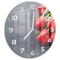 Tulup Wandklok - Rode tulpen Glazen Klok Met Print - fi30 cm - Rood Wandklok Glas Met Motief - Witte handen - Ronde Klok - Wandklok Glas Decoratie - Gekleurde Glazen Klok