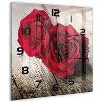 Tulup Wandklok - Rozen op hout Klok Glas Met Opdruk - 60x60 cm - Rood Moderne Wandklok Glas - Zwarte handen - Vierkante Klok - Decoratieve Glazen Klok - Glazen Wandklok Design