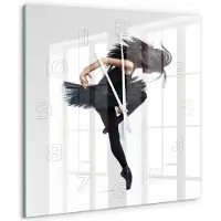 Tulup Wandklok - Ballerina Wandklok Glas Met Motief - 60x60 cm - Zwart Decoratieve Glazen Klok - Witte handen - Vierkante Klok - Gekleurde Glazen Klok - Glazen Klok Met Print