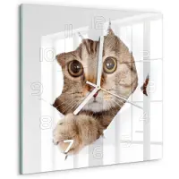 Tulup Wandklok - Kat Decoratieve Glazen Klok - 30x30 cm - Beige Glazen Wandklok Design - Witte handen - Vierkante Klok - Glazen Klok Met Print - Wandklok Glas Met Motief