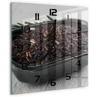 Tulup Wandklok - Wilde rijst in een kom Klok Glas Met Opdruk - 30x30 cm - Bruin Moderne Wandklok Glas - Zwarte handen - Vierkante Klok - Decoratieve Glazen Klok - Glazen Wandklok Design