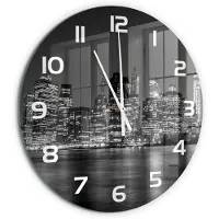 Tulup Wandklok - Manhattan 's nachts Wandklok Glas Decoratie - fi60 cm - Zwart-wit Gekleurde Glazen Klok - Witte handen - Ronde Klok - Klok Glas Met Opdruk - Moderne Wandklok Glas