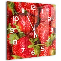 Tulup Wandklok - Aardbeien Glazen Klok Met Print - 60x60 cm - Rood Wandklok Glas Met Motief - Witte handen - Vierkante Klok - Wandklok Glas Decoratie - Gekleurde Glazen Klok