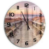 Tulup Wandklok - De weg naar het strand Moderne Wandklok Glas - fi60 cm - Oranje Wandklok Glas Decoratie - Zwarte handen - Ronde Klok - Glazen Wandklok Design - Klok Glas Met Opdruk