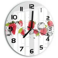 Tulup Wandklok - Aardbeien en water Wandklok Glas Decoratie - fi30 cm - Rood Gekleurde Glazen Klok - Zwarte handen - Ronde Klok - Klok Glas Met Opdruk - Moderne Wandklok Glas