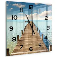 Tulup Wandklok - Houten brug Klok Glas Met Opdruk - 60x60 cm - Blauw Moderne Wandklok Glas - Zwarte handen - Vierkante Klok - Decoratieve Glazen Klok - Glazen Wandklok Design