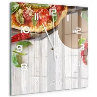 Tulup Wandklok - Pizza Wandklok Glas Decoratie - 60x60 cm - Rood Gekleurde Glazen Klok - Witte handen - Vierkante Klok - Klok Glas Met Opdruk - Moderne Wandklok Glas