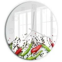 Tulup Wandklok - Chilipepers Wandklok Glas Decoratie - fi30 cm - Veelkleurig Gekleurde Glazen Klok - Witte handen - Ronde Klok - Klok Glas Met Opdruk - Moderne Wandklok Glas