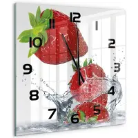 Tulup Wandklok - Aardbeien en water Glazen Wandklok Design - 60x60 cm - Rood Klok Glas Met Opdruk - Zwarte handen - Vierkante Klok - Wandklok Glas Met Motief - Decoratieve Glazen Klok