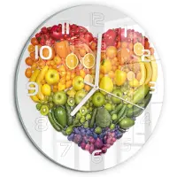 Tulup Wandklok - Groentehart Gekleurde Glazen Klok - fi30 cm - Veelkleurig Glazen Klok Met Print - Witte handen - Ronde Klok - Moderne Wandklok Glas - Wandklok Glas Decoratie