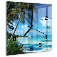 Tulup Wandklok - Tropisch strand Decoratieve Glazen Klok - 30x30 cm - Blauw Glazen Wandklok Design - Zwarte handen - Vierkante Klok - Glazen Klok Met Print - Wandklok Glas Met Motief
