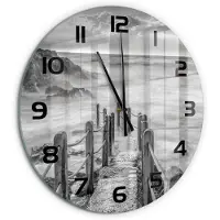 Tulup Wandklok - Pad langs de zee Wandklok Glas Met Motief - fi60 cm - Zwart-wit Decoratieve Glazen Klok - Zwarte handen - Ronde Klok - Gekleurde Glazen Klok - Glazen Klok Met Print