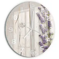 Tulup Wandklok - Lavendel op hout Glazen Klok Met Print - fi30 cm - Paars Wandklok Glas Met Motief - Witte handen - Ronde Klok - Wandklok Glas Decoratie - Gekleurde Glazen Klok