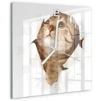 Tulup Wandklok - Kat Klok Glas Met Opdruk - 30x30 cm - Beige Moderne Wandklok Glas - Witte handen - Vierkante Klok - Decoratieve Glazen Klok - Glazen Wandklok Design