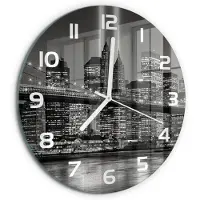 Tulup Wandklok - Manhattan, New York Gekleurde Glazen Klok - fi30 cm - Zwart-wit Glazen Klok Met Print - Witte handen - Ronde Klok - Moderne Wandklok Glas - Wandklok Glas Decoratie
