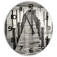 Tulup Wandklok - Houten brug Gekleurde Glazen Klok - fi60 cm - Zwart-wit Glazen Klok Met Print - Zwarte handen - Ronde Klok - Moderne Wandklok Glas - Wandklok Glas Decoratie