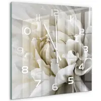 Tulup Wandklok - Witte dahlia Wandklok Glas Decoratie - 60x60 cm - Wit Gekleurde Glazen Klok - Witte handen - Vierkante Klok - Klok Glas Met Opdruk - Moderne Wandklok Glas
