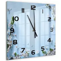 Tulup Wandklok - Achtergrond met kersenbloesem Klok Glas Met Opdruk - 60x60 cm - Blauw Moderne Wandklok Glas - Zwarte handen - Vierkante Klok - Decoratieve Glazen Klok - Glazen Wandklok Design