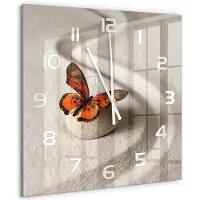 Tulup Wandklok - Zensteen en vlinder Wandklok Glas Met Motief - 60x60 cm - Oranje Decoratieve Glazen Klok - Witte handen - Vierkante Klok - Gekleurde Glazen Klok - Glazen Klok Met Print