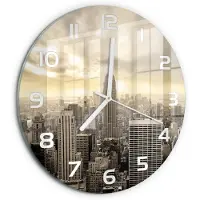 Tulup Wandklok - Manhattan, New York Glazen Klok Met Print - fi30 cm - Beige Wandklok Glas Met Motief - Witte handen - Ronde Klok - Wandklok Glas Decoratie - Gekleurde Glazen Klok