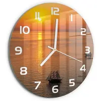 Tulup Wandklok - Zonsondergang Zee Wandklok Glas Met Motief - fi30 cm - Oranje Decoratieve Glazen Klok - Witte handen - Ronde Klok - Gekleurde Glazen Klok - Glazen Klok Met Print