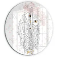 Tulup Wandklok - Uil in een krans Gekleurde Glazen Klok - fi60 cm - Roze Glazen Klok Met Print - Witte handen - Ronde Klok - Moderne Wandklok Glas - Wandklok Glas Decoratie