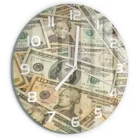 Tulup Wandklok - Dollarbankbiljetten Glazen Klok Met Print - fi30 cm - Beige Wandklok Glas Met Motief - Witte handen - Ronde Klok - Wandklok Glas Decoratie - Gekleurde Glazen Klok