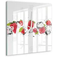 Tulup Wandklok - Aardbeien en water Gekleurde Glazen Klok - 30x30 cm - Rood Glazen Klok Met Print - Witte handen - Vierkante Klok - Moderne Wandklok Glas - Wandklok Glas Decoratie