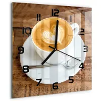 Tulup Wandklok - Koffie in een kopje Decoratieve Glazen Klok - 30x30 cm - Bruin Glazen Wandklok Design - Zwarte handen - Vierkante Klok - Glazen Klok Met Print - Wandklok Glas Met Motief