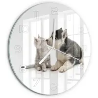 Tulup Wandklok - Hond en kat Glazen Klok Met Print - fi30 cm - Zwart Wandklok Glas Met Motief - Witte handen - Ronde Klok - Wandklok Glas Decoratie - Gekleurde Glazen Klok