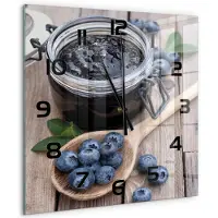 Tulup Wandklok - Bosbessenjam Glazen Klok Met Print - 60x60 cm - Blauw Wandklok Glas Met Motief - Zwarte handen - Vierkante Klok - Wandklok Glas Decoratie - Gekleurde Glazen Klok